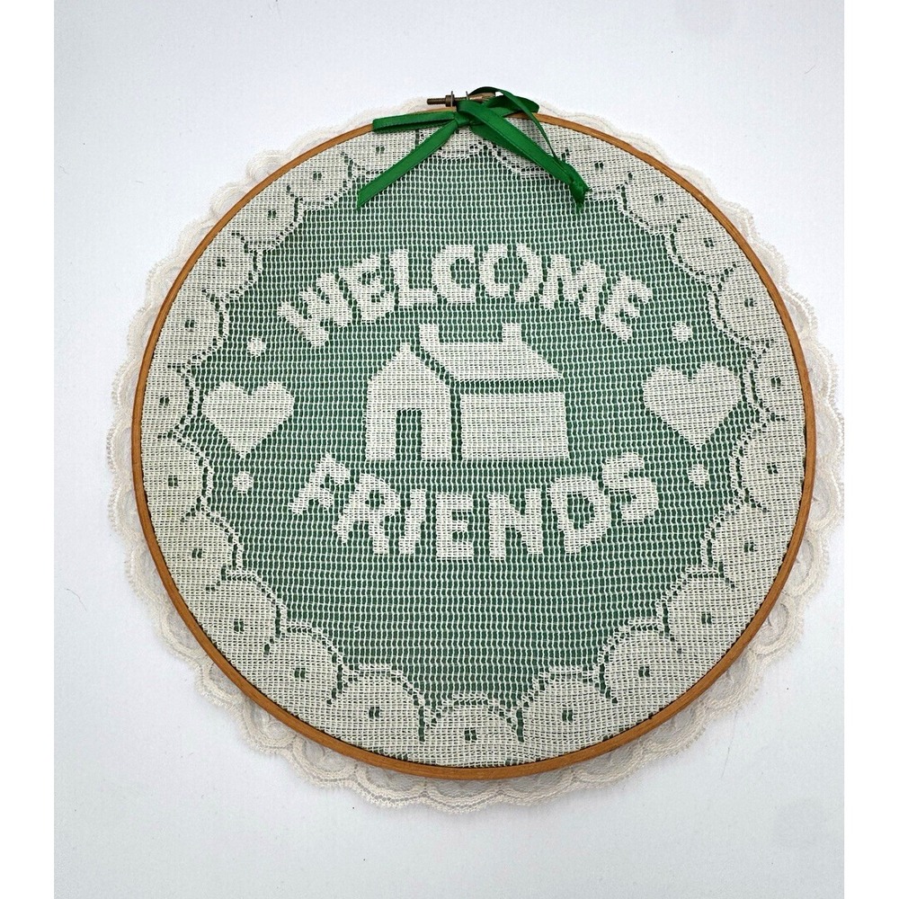 Handmade Framed Cross Stitch Wall Hanging Embroidery Hoop "Welcome Friends"